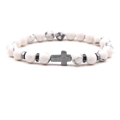 8MM Round Natural Howlite Beaded Stretch Bracelets with Synthetic Non-magnetic Hematite Cross FA1012-3-1