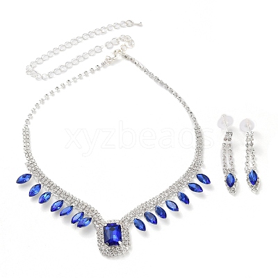Alloy Rhinestone Rectangle Pendant Necklaces & Horse Eye Stud Earring Sets for Women SJEW-U001-01P-04-1