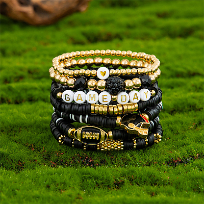 8Pcs 1Bag Rugby Polymer Clay Heishi & CCB Plastic Beaded Stretch Bracelets Set BJEW-PA0001-12E-1