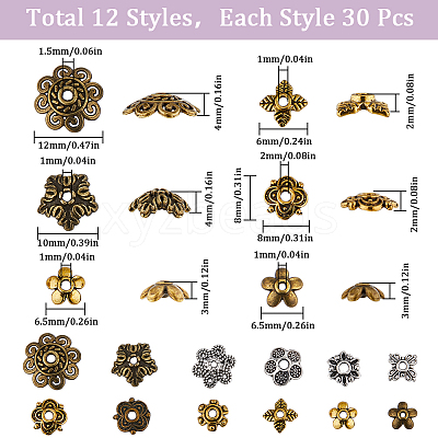 360Pcs 12 Styles Tibetan Style Bead Caps FIND-SC0008-82-1