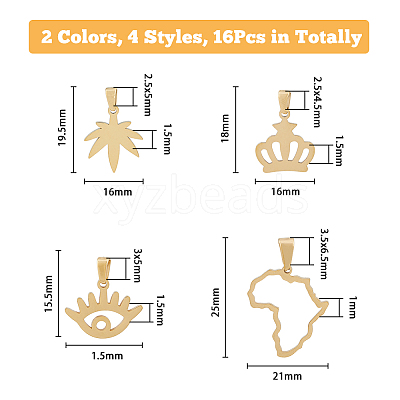 16Pcs 8 Style PVD Vacuum Plating 304 Stainless Steel Pendants STAS-DC0013-08-1