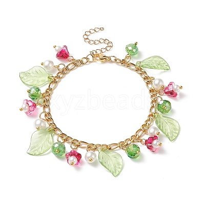 5Pcs 5 Color Glass Pearl & Trumpet Flower & Acrylic Leaf Charm Bracelets Set BJEW-JB08909-1