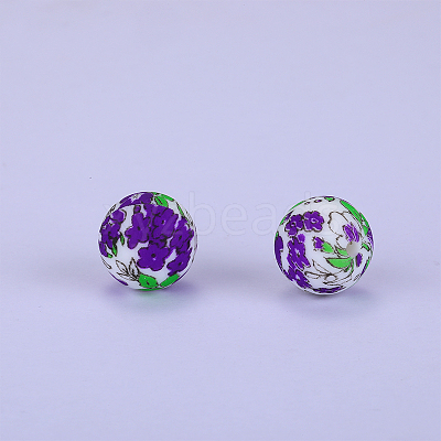Printed Round with Flower Pattern Silicone Focal Beads SI-JX0056A-167-1