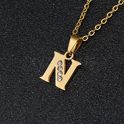201 Stainless Steel Crystal Rhinestone Initial Pendant Necklaces FS-WG3A711-14-1