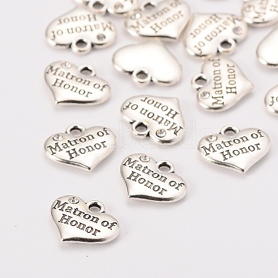 Wedding Theme Antique Silver Tone Tibetan Style Heart with Matron of Honor Rhinestone Charms X-TIBEP-N005-03A-1