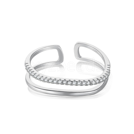 Rhodium Plated 925 Sterling Silver Double Layer Open Cuff Ring with Cubic Zirconia RJEW-F150-57P-1