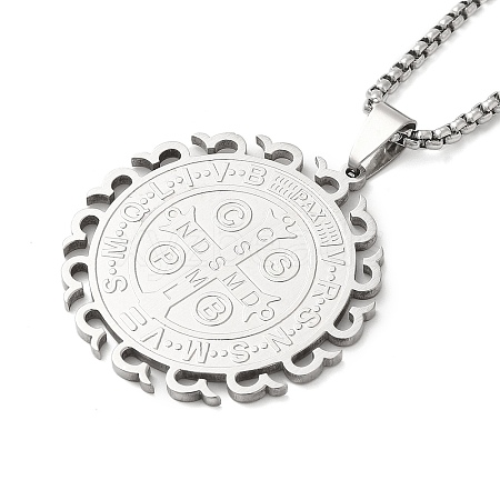 304 Stainless Steel Box Chain Saint Benedict Medal Pendant Necklaces for Women NJEW-M008-01P-1