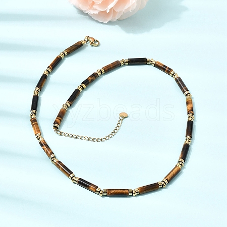 Natural Tiger Eye & Synthetic Non-magnetic Hematite Column Beaded Necklaces with 304 Stainless Steel End Chains NJEW-K301-01B-1