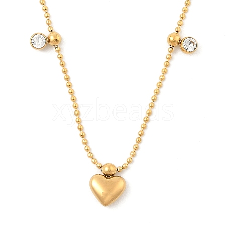 Ion Plating(IP) 304 Stainless Steel Crystal Rhinestone Flat Round & Heart Pendant Ball Chain Necklaces for Women NJEW-F328-05G-1