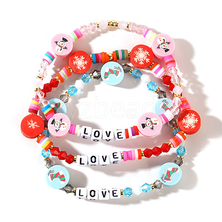 3Pcs Christmas Theme Handmade Polymer Clay & Glass Bicone Beads Stretch Bracelet Sets QY3550-3-1