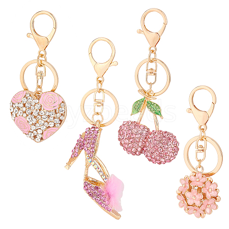 AHADERMAKER 4Pcs 4 Colors Alloy Rhinestone Pendant Keychain KEYC-GA0001-29-1