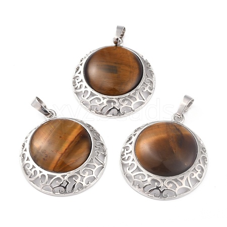 Natural Tiger Eye Pendants with Hollow Platinum Brass Findings G-P448-A15-P-1