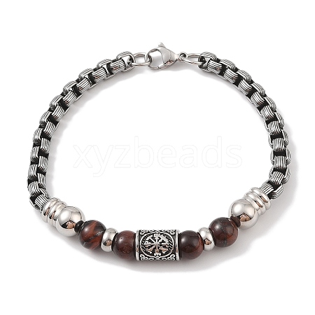 Round Natural Tiger Eye Beaded 304 Stainless Steel Box Chain Viking Bracelets for Men BJEW-B096-32AS-1