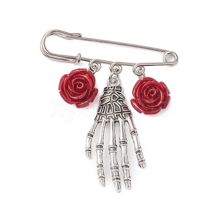 Halloween Skeleton Hand Alloy & Synthetic Coral Flower Pendants Kilt Pins JEWB-BR00169-1