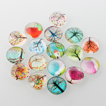   Tree of Life Printed Half Round/Dome Glass Cabochons GGLA-PH0002-14mm-GG-1