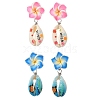 Handmade Polymer Clay 3D Flower Plumeria & Flower Word Printed Cowrie Shell Dangle Stud Earrings for Women EJEW-JE07483-2
