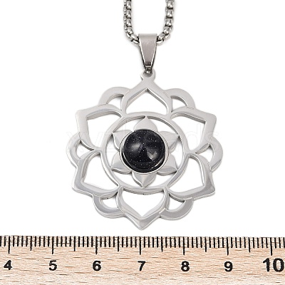 Chakra Lotus Flower 201 Stainless Steel Pave Synthetic Blue Goldstone Pendant Necklaces for Women NJEW-K283-26P-1