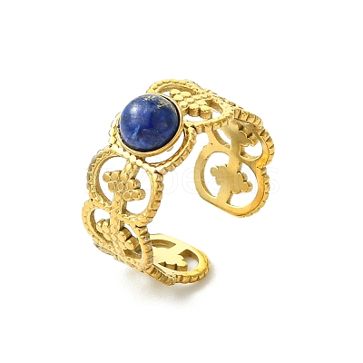 Natural Gemstone Flower 304 Stainless Steel Cuff Open Rings for Women RJEW-JR01067-1