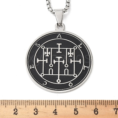 201 Stainless Steel Black Enamel Flat Round Sigil Pendant Necklaces LS-NJEW-H065-03P-1