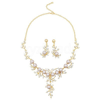 Flower Alloy & Plastic Pearl & Crystal Rhinestone Pendant Necklaces & Stud Dangle Earrings Sets FS-WG18295-02-1