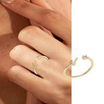 1Pc Letter Brass Rhinestone Open Cuff Rings for Women AJEW-LP0004-47V-G-1