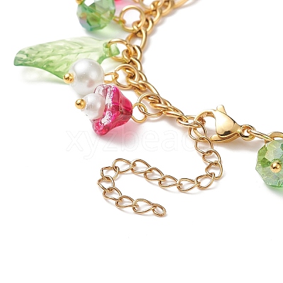 5Pcs 5 Color Glass Pearl & Trumpet Flower & Acrylic Leaf Charm Bracelets Set BJEW-JB08909-1