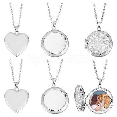 6Pcs 3 Style Heart & Flat Round & Flower 304 Stainless Steel Photo Locket Necklaces Set with Cable Chains for Women NJEW-UN0001-37-1