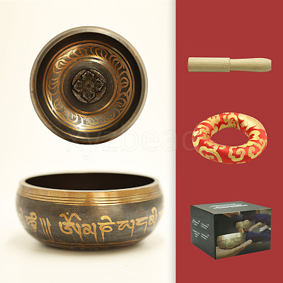 Tibetan Brass Singing Bowl & Wood Striker & Random Color Cloth Mat Set RELI-PW0004-02E-03-1