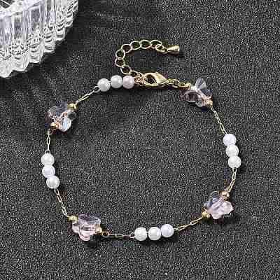 Brass & Glass Link Chain Bracelets for Women BJEW-F517-02G-02-1