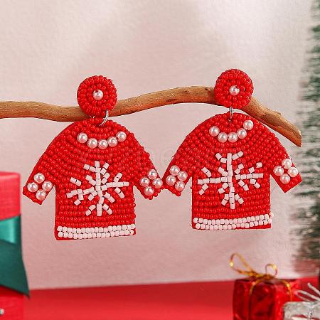 Red Christmas Sweater Snowflake Dangle Stud Earrings FC7746-1