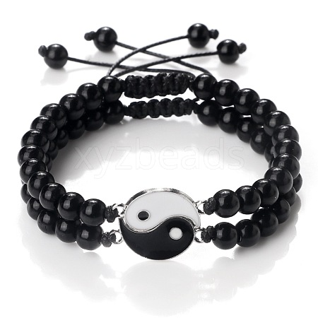 Black and White Yin Yang Non-Magnetic Synthetic Hematite Braided Bracelets NA9786-2-1