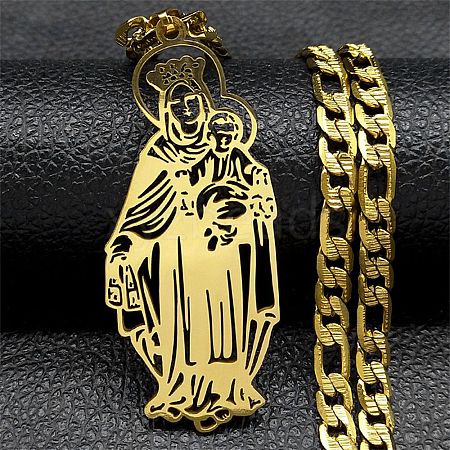 304 Stainless Steel Hollow Virgin Mary & Baby Pendant Figaro Chain Necklaces STAS-D196-09G-1