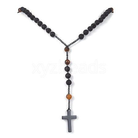 Natural Tiger Eye & Lava Rock & Synthetic Hematite Rosary Bead Necklaces NJEW-JN04461-02-1