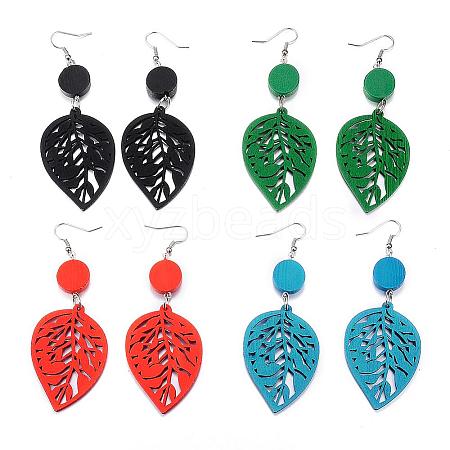 Trendy Leaf Wood Dangle Earrings EJEW-F062-K-1