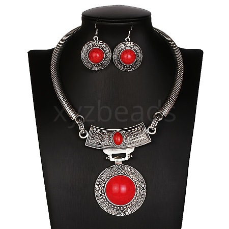 Flat Round Alloy with Synthetic Turquoise Pendant Necklaces & Dangle Earrings Sets FS-WG19C15-01-1