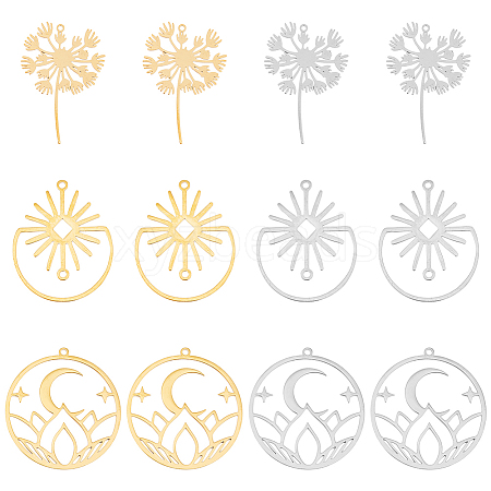 12Pcs 6 Style 201 Stainless Steel Pendants STAS-DC0014-35-1