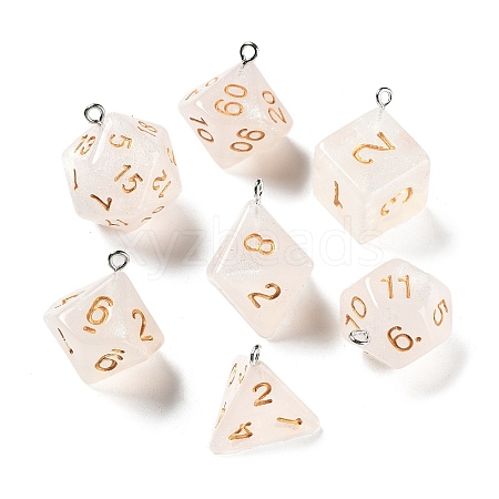 7 Styles Transparent Resin Polyhedral Dice Pendants Set RESI-A029-01F-1