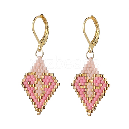 Glass Seed Braided Rhombus with Heart Dangle Leverback Earrings EJEW-MZ00030-01-1