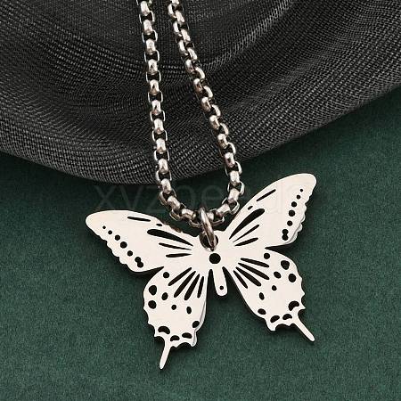 201 Stainless Steel Laser Cut Butterfly Pendant Box Chain Necklaces for Women NJEW-Q004-03P-1