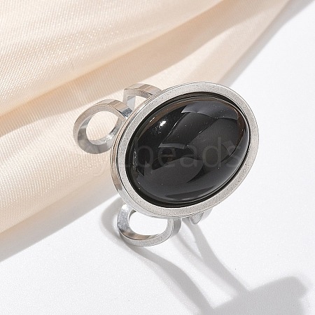 Oval Natural Black Agate Finger Rings RJEW-M062-02P-03-1