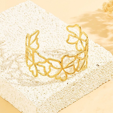 304 Stainless Steel Hollow Flower Outline Open Cuff Bangles for Women SA-CBABC9E-02G-1