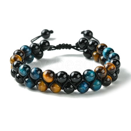 Natural Tiger Eye & Black Onyx Round Braided Bead Bracelet BJEW-TA00441-1