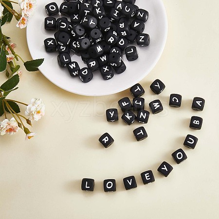 20Pcs Black Cube Letter Silicone Beads 12x12x12mm Square Dice Alphabet Beads with 2mm Hole Spacer Loose Letter Beads for Bracelet Necklace Jewelry Making JX433Q-1