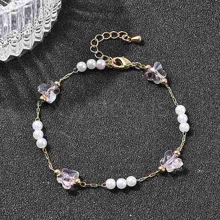 Brass & Glass Link Chain Bracelets for Women BJEW-F517-02G-02-1