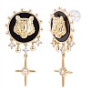 Clear Cubic Zirconia Lion with Cross Dangle Earrings with Enamel JE967A-1