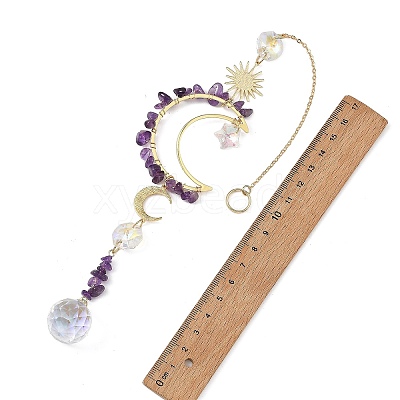 Natural Amethyst & Star Glass Beaded Suncatcher with Brass Sun Moon Charm HJEW-JM05016-02-1