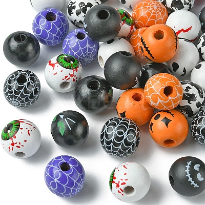 45Pcs 9 Colors Printed Round Wood European Beads WOOD-FS0001-21-1