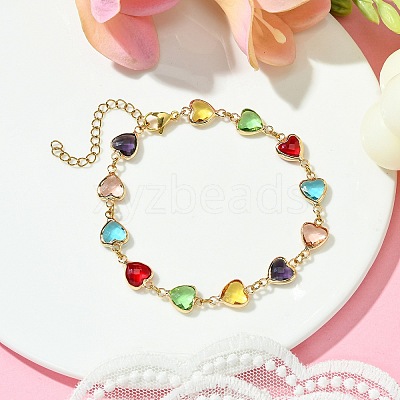 Colorful Glass Heart Link Bracelets BJEW-JB10578-1