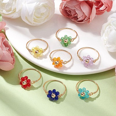 7Pcs 7 Styles Flower Glass Beads Finger Rings RJEW-JR00710-02-1
