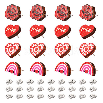 40Pcs 4 Style Valentine's Day Theme Natural Wood Stud Earrings EJEW-TA0001-27-1